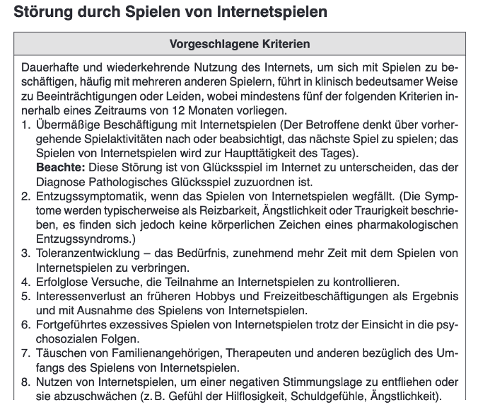 Vorgeschlagene Kriterien für Internet Gaming Disorder im DSM-5
